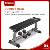 OneTwoFit Flat Weight Bench Dumbbell Training Weightlifting Bench Lifting and Ab Workout with Dumbbell Rack 660lbs Capacity