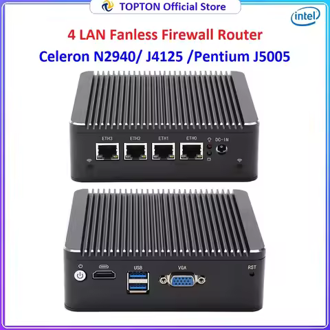 Topton Firewall Fanless Mini PC Intel Celeron J4125 N2940 J5005 4 Lan Soft Router pfSense Industrial