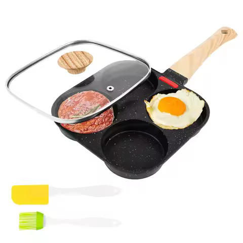 Non Stick 4-Cup Egg Frying Pan with flipping Lid Aluminum Pancake Egg Cooker with Spatula and Brush 
