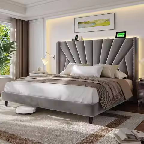 King Size Bed Frame with 51 Tall Headboard Wingback, Velvet Upholstered Platform Bed with Charging S