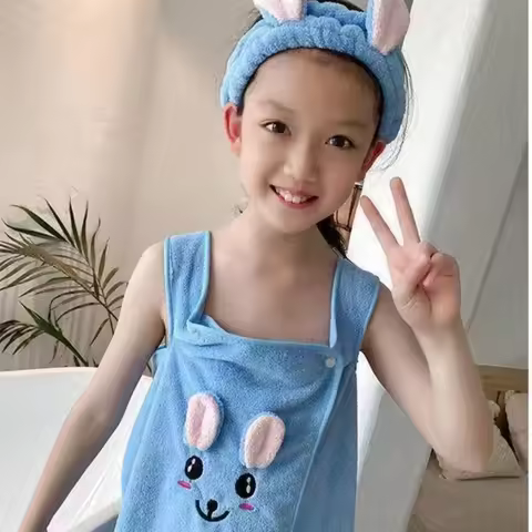 Children's absorbent bath towel, big children rabbit ears bath towel, headband skirt, can wear bath 