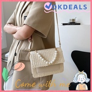 OKDEAL Straw Beaded Messenger Bag, Pearl Metal Ladies Handbag, Simple Weave Straw PU Leather Trend Purses Women