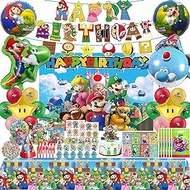 Mario Birthday Decorations, Mario Birthday Party Supplies, Include Banner Backdrop Tablecloth Cake Toppers Hanging Swirls Balloons Tableware Birthday Hats Badge Stickers Gift Bags Make a Face Stickers
