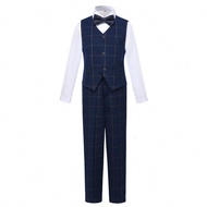 Tween Boys Suits Grid 2-Pieces Suit Set Toddler Tuxedos Dresswear Ring Bearer Outfit Wedding Vest Pa