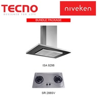 Tecno ISA 9298 Island Hood with Decorative LED Lights + Tecno SR 288SV (90cm) 2-Burner Stainless Cooker Hob