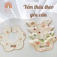 [THÊU TÊN] Yếm hoa vải xô muslin cổ tròn 4 lớp,yếm ăn dặm xoay 360 giữ ấm an toàn cho trẻ em từ sơ s