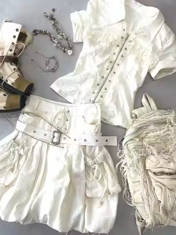 Harajuku Gyaru 2 Pieces Streetwear Zipper Shirt Short-sleeved Y2k Mini Skirt Suit Vintage 2000s Polo