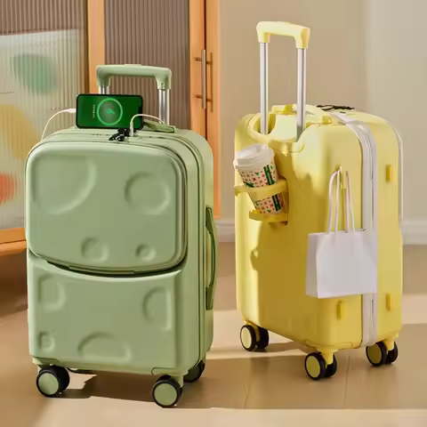 New Suitcase Front Opening Luggage with USB Cup Holder Girl Travel Wheeled Suitcases 18 20 26 Inch S