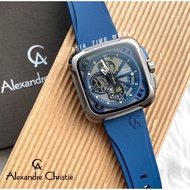Alexandre Christie | AC 6577MCRIGBABU Chronograph Square Men's Watch and Blue Silicon Strap Embossed with AC Logo