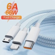 Hot sale 6A 3 In 1 USB Type C Cable 66W Super Fast Charging Cables for Huawei Xiaomi Samsung OPPO Li