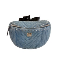 二手MCM牛仔系列絎縫鉚釘斜背包，設計師單肩包，腰包，可愛，藍色