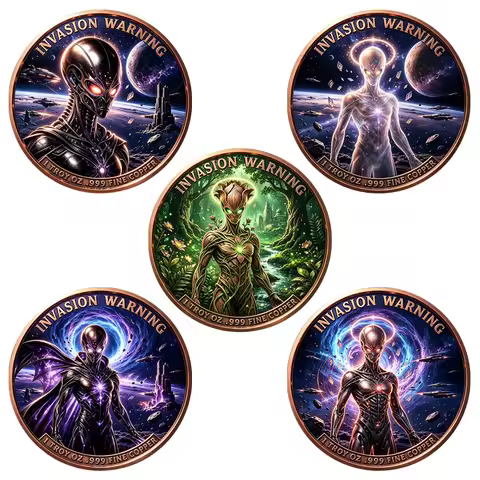 1pc 1oz .999 Fine Copper Invasion Warning Alien Challenge Coin Sci-Fi Space Creature Collectible Coi