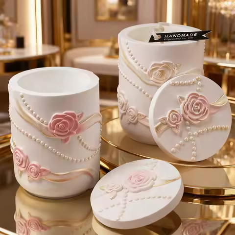 Cylindrical Concrete Storage Jar Silicone Mold Set DIY Embossed Pearl Ribbon Rose Vase Jewelry Stora