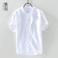 Asian Shirt Men Short-Sleeved Stand-Up Collar Thin Loose Cotton White Shirt Men's Fresh Casual Inch 