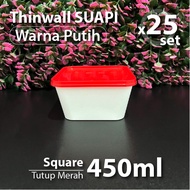 MERAH 25 pcs pack - Thinwall Square Suapi 450 ML - White with Red Lid - Plastic Box - SQ Container 4