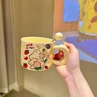 可爱fufu卡通小兔马克杯带盖勺陶瓷杯送女生高颜值有意义生日礼物4/8 Cute fufu cartoon bunny mug with lid and spoon, ceramic cup, a m