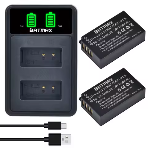 Batmax EN-EL20 EN-EL20A Battery+ LED USB Dual Charger with Type C Port for Nikon Coolpix P1000,P950 