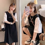 Fake Two-Piece Half-Sleeved T-Shirt Dress Women 2023 Summer Dress Plus Size Fat mm Slimmer Look Cover Belly Age-Reducing Dress 100kg 300 Summer Plus Size Dress Fake Two-Piece T @-