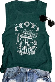 Women Mushroom Moon Graphic Sleeveless Floral Printed Aesthetic Gothic Tank Tops Hiking Adventure Na