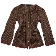 KEMEJA Buttoned Up Lace Stripe Brown Top | U neck formal blouse brick striped blouse autumn polite n