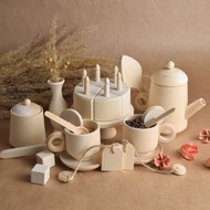 木製茶具玩具套裝，含蛋糕和蠟燭，適用於木製廚房玩具