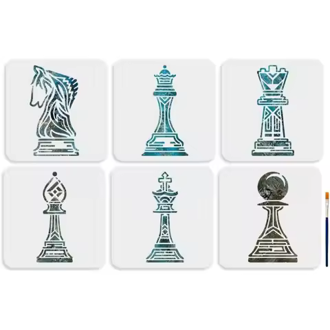 Chess Stencils Set 8x8 inch 6 Pieces with Paint Brush King Queen Pawn Rook Bishop Knight Templates f