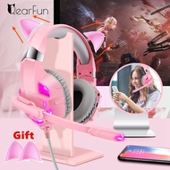 Pink Cat Ear Girls Gamer Headphones with Microphone For PC PS4 Playstation 5, Stereo Cell Phone Gaming Earphone Women's Headsets