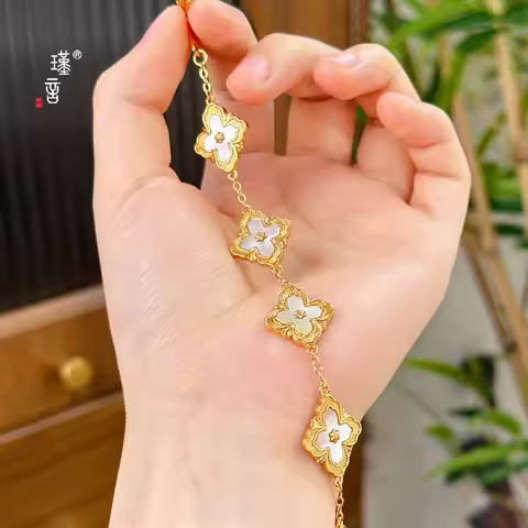 Gold Shop 24K real gold lucky grass bracelet ins niche design high-end au999 real gold bracelet new 