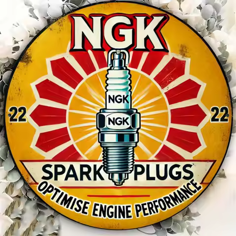 Vintage NGK Spark Plugs Optimise Engine Performance Round Tin Sign, Retro Distressed NGK Spark Plug 
