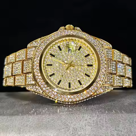 UNIGUET Gold Ice Watch For Men Luxury Stainless steel Quartz Watch Fashion Male Hip Hop Diamond Blin