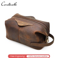 CONTACTS Men Hanging Cosmetic Bag Crazy Horse Leather Travel Makeup Case Zipper Organizer Storage Po