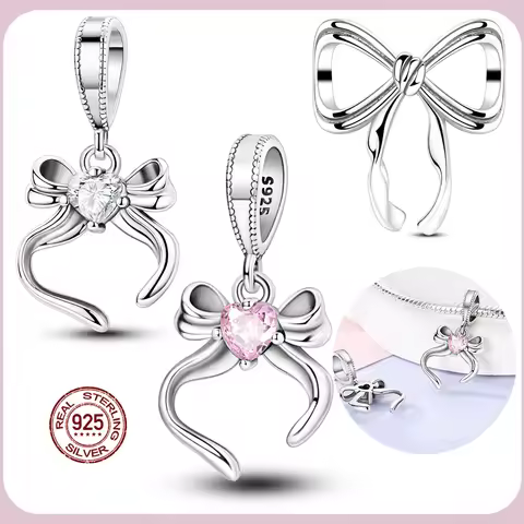 Fit Original Charms Pink Series 925 Silver Bow Charm Pendent Dangle Bead Bracelet Necklace DIY Women