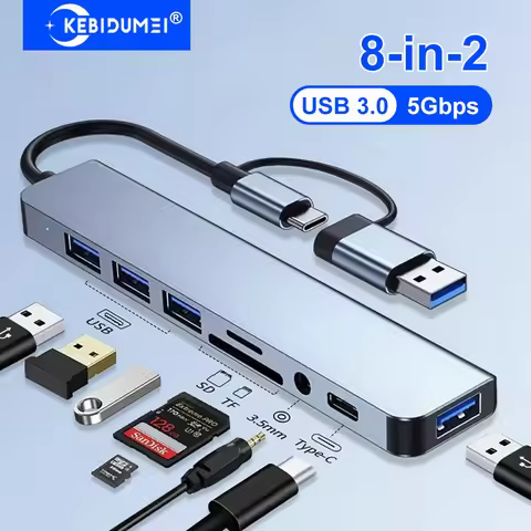 KEBIDUMEI 8-in-2 USB Docking Station USB 3.0 Hubs 5Gbps High Speed Transmission USB-C HUB OTG Adapte