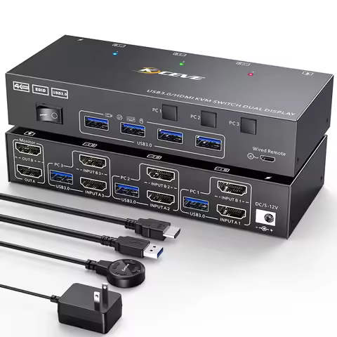 HDMI KVM Switch 2 Monitors 3 Computers 4K@60Hz, EDID Simulation，4K Dual Monitor KVM Switch for 3 Com