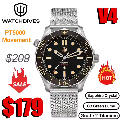 Watchdives WD007 V4 42mm Watch PT5000 Automatic Movement Titanium NTTD Wristwatch Domed Sapphire Cry