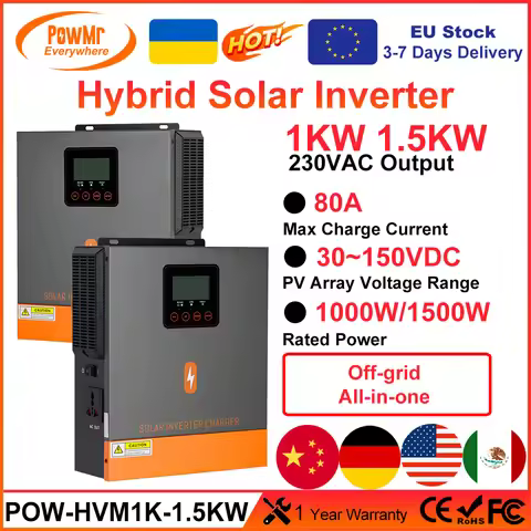 PowMr 1.5KW 1KW Solar Hybrid Inverter 12V 220V Pure Sine Wave With Charging MPPT 80A Solar Chage Con