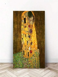 1入組古斯塔夫·克林姆特著名油畫「接吻」帶有木框的畫布印刷品，適用於客廳和臥室的牆藝印刷品，家居裝飾，在假日期間是他或她的理想禮物，可直接懸掛