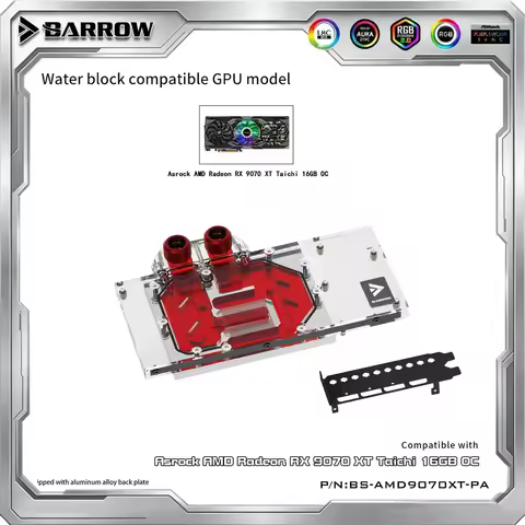 Barrow BS-AMD9070XT-PA GPU Water Block for ASRock Radeon RX 9070 XT Taichi OC Video Card / Thickened