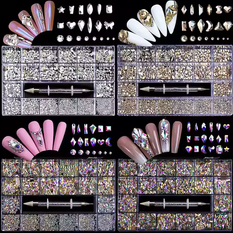 2800pcs/Box Luxury Rhinestone Nail Art Jewelry Set Glass Nail Crystals Box 3D Flat Glass Shaped Diam