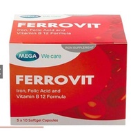 Iron (Ferrous Fumarate + Folic Acid + Vitamin B12) Ferrovit Box of 50s softgel capsule with Vanilla 