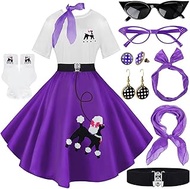10Pcs Sock Hop Outfits Women, 1950s Poodle Skirts, T-Shirt with 50s Accessories Socks Scarf Headband