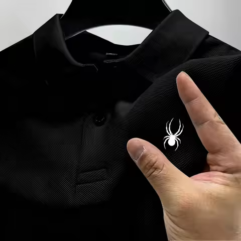 Men Polo Shirt Chest Spider Embroidery Pattern Breathable Lapel Short Sleeve Shirt Classic Smart Cas