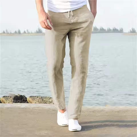 Men's Cotton Linen Pants Male Autumn New Breathable Solid Color Linen Trousers Fitness Streetwear S-