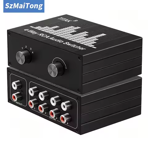 4-Port RCA L/R Audio Switcher Bi-Directional 1-in-4-out 4-in-1-out Splitter for Active Studio Monito