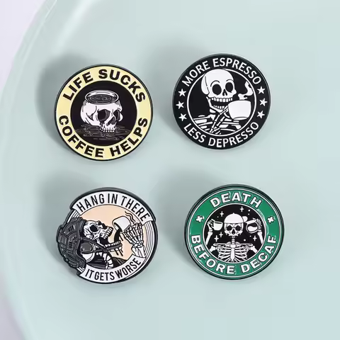 Halloween Horror Skull Skeleton Drinking Coffee Badge Brooch Pins Death Before Decaf Enamel Lapel Pi
