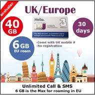 Europe HK SG UK World THREE Travel Sim Card 40 GB Data + Unlimited Calls SMS for 30 days