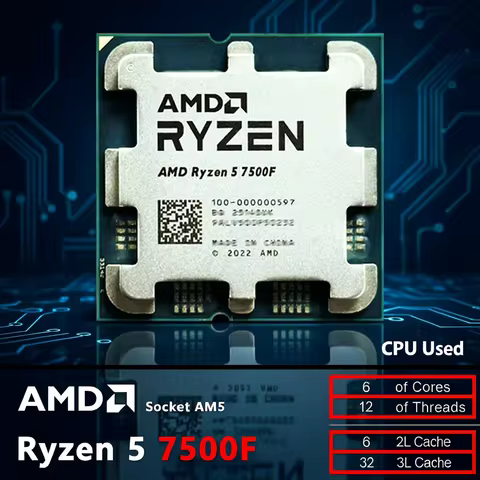 R5 7500F AMD Used Ryzen 5 7500F 6C/12T 65W 5NM L3=32M 100-000000926 Socket AM5