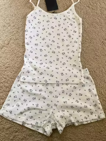 Bow Little Bears Eyelet Vest Shorts Pajama Set Woman Slim Camis+Straight Short Pant Sweet Cute Cotto