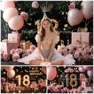 18th Birthday Backdrop Pink Rose Balloon Gift Crown Candle Golden Number Customize Festive Party Por
