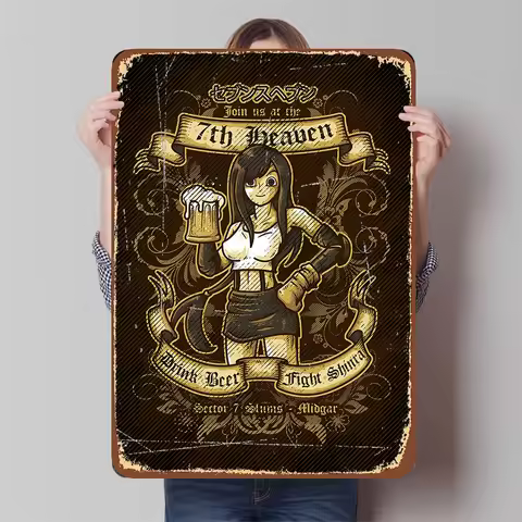 Final Fantasy VII 7th Heaven Bar Metal Poster Tifa Lockhart Beer Art Decor for Game Room Home Wall D